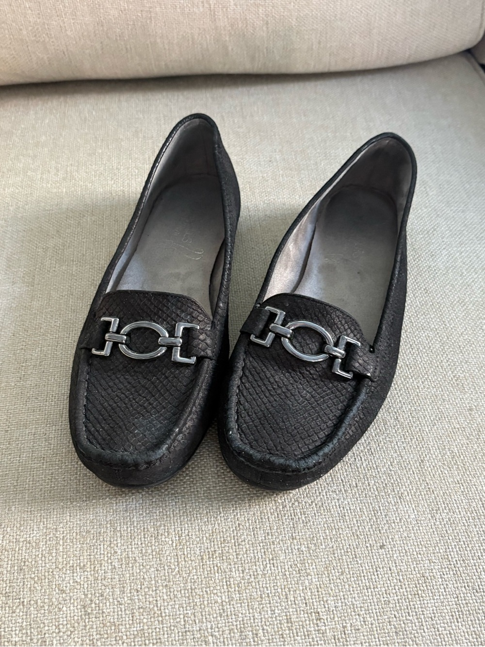 AEROSOLES Black Textured Loafers with Silver Hardware